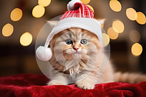 Little cute kitten in red santa hat and christmas background