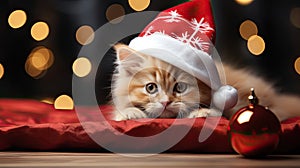 Little cute kitten in red santa hat and christmas background