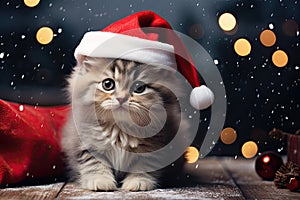 Little cute kitten in red santa hat and christmas background