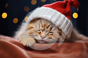 Little cute kitten in red santa hat and christmas background