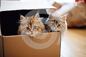 Little cute kittens in a cardboard box.Animal rescue, adoption