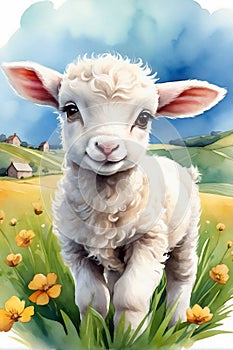 little cute lamb on a green spring meadow graphics for easter