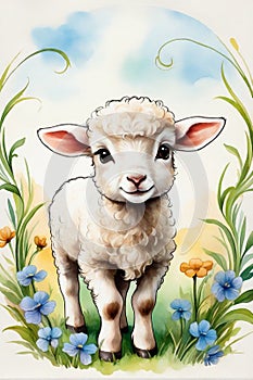 little cute lamb on a green spring meadow graphics for easter