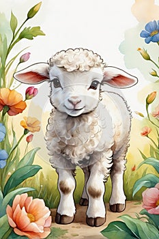 little cute lamb on a green spring meadow graphics for easter