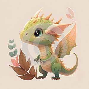 Little cute light green dragon, pretty creature, cartoon character.