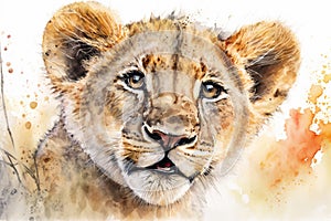 Little cute lion kitten face portrait watercolor art. Generative AI