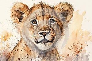 Little cute lion kitten face portrait watercolor art. Generative AI