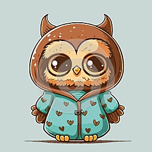 Little cute and lovely owl. A cheerful owl in a celadon jacket.