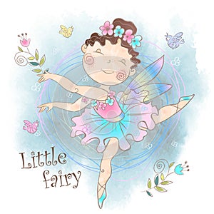 Little cute magic fairy with flowers. Vector photo