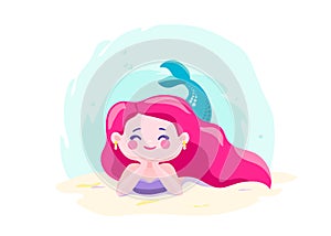 Little cute mermaid lie on the seabed underwater. Character cool design. Sea ocean theme. Vector illustration