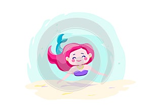 Little cute mermaid swimming under water. Character cool design. Sea ocean theme. Vector illustration
