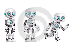 Little cute modern android run stand robot character artificial intelligence isolated on white background 3d realistic