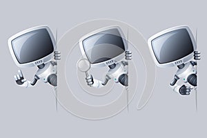 Little cute monitor head robot look out corner help technology science fiction future sale 3d design vector illustration