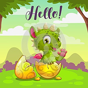 Little cute newborn baby dragon. Vector childish illustration.