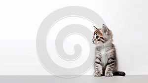 A little cute pet sits on a table in front of a white wall.