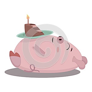 little cute pink pig lying on its back gorged on cake