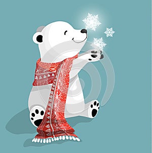 little cute polar bear with red scarf on blue bacjground with snowflake