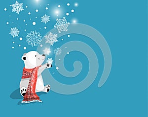 Little cute polar bear with red scarf and gift on blue bacjground with snowflake