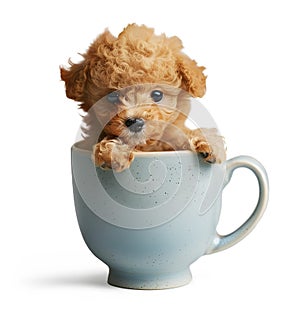 Little cute puppy of Toy Poodle dog in a cup, isolated on transparent background, cute mini puppy dog concept, realistic
