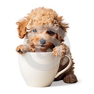 Little cute puppy of Toy Poodle dog with a cup, isolated on transparent background, cute puppy dog concept, realistic illustration