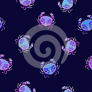 Little cute purple and blue crabs on dark violet background. Seamless underwater fauna pattern.