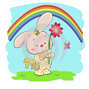 A little cute rabbit , a child`s drawing, color, bright