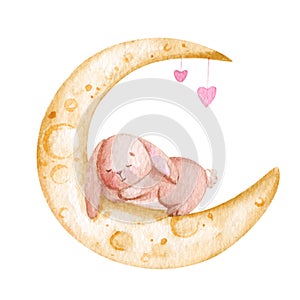 Little cute rabbit sleeping on the moon with hearts. Watercolor hand drawn illustration, can be used for postcards and