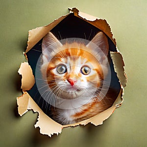 Little cute red cat looking through torn paper hole,Generative AI