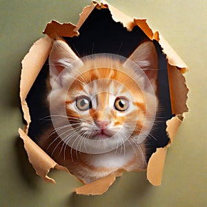 Little cute red cat looking through torn paper hole,Generative AI