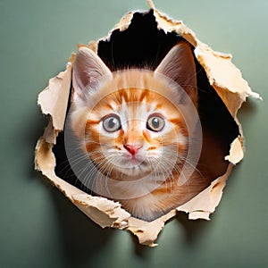 Little cute red cat looking through torn paper hole,Generative AI