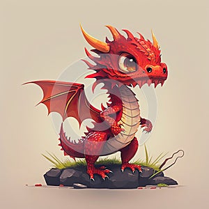 Little cute red dragon with small wings, cartoon character.