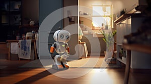 Little cute robot in a big apartment. Robot assistant for the home. AI generated