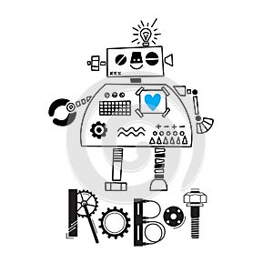 Little cute robot and the inscription of the details and gears. Vector illustration