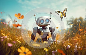 Little cute robot lost in a field full of flowers on a beautiful day, discovering the earth and exploring nature with curiosity