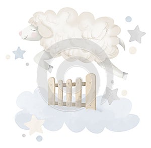 Little cute Sheep jumping over the fence. Watercolor hand drawn illustration with Lamb for baby boy or girl textile