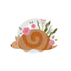Little cute sleeping armadillo with leaves and flowers. Adorable animal vector design, illustration