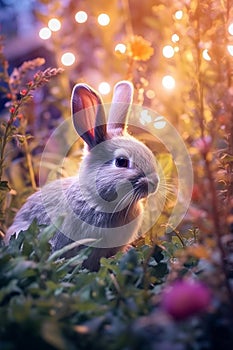 A little cute small bunny in nature, photo of a rabbit, nature background