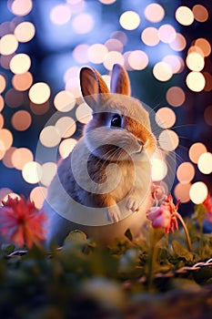 A little cute small bunny in nature, photo of a rabbit, nature background