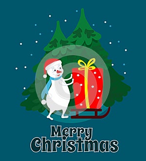 Little cute snowman is carrying a huge gift on a sleigh. Merry Christmas text. Christmas scene for postcard in cartoon style