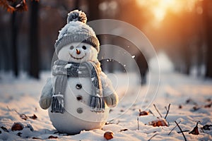 Little cute snowman in a knitted hat and scarf on snow on a sunny winter day. Christmas card. Generative AI