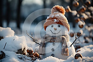 Little cute snowman in a knitted hat and scarf on snow on a sunny winter day. Christmas card. Generative AI