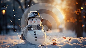 Little cute snowman in a knitted hat and scarf on snow on a sunny winter day. Christmas card. Generative AI