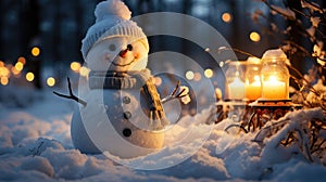 Little cute snowman in a knitted hat and scarf on snow on a sunny winter day. Christmas card. Generative AI