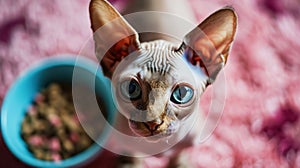 Little cute sphynx cat feeds from a small bowl. Direct look of the cat. Light blue and pink color palette. Generative AI