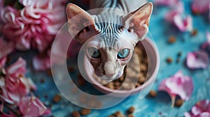 Little cute sphynx cat feeds from a small bowl. Direct look of the cat. Light blue and pink color palette. Generative AI