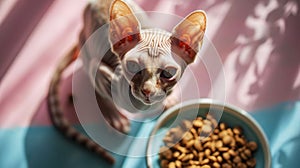 Little cute sphynx cat feeds from a small bowl. Direct look of the cat. Light blue and pink color palette. Generative AI