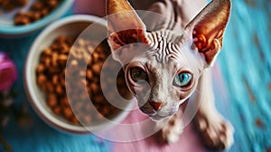 Little cute sphynx cat feeds from a small bowl. Direct look of the cat. Light blue and pink color palette. Generative AI