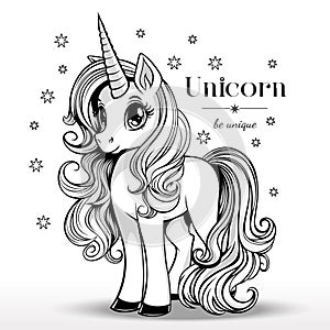 Little cute unicorn with a lush mane. Coloring book for children, vector illustration