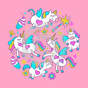 Little cute unicorns with wings. Flowers, magic wands and cakes. Baby shower illustration