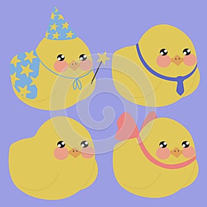 little cute yellow chick with big black eyes with a pink bow in a blue tie wearing a wizard's cap and magic robe